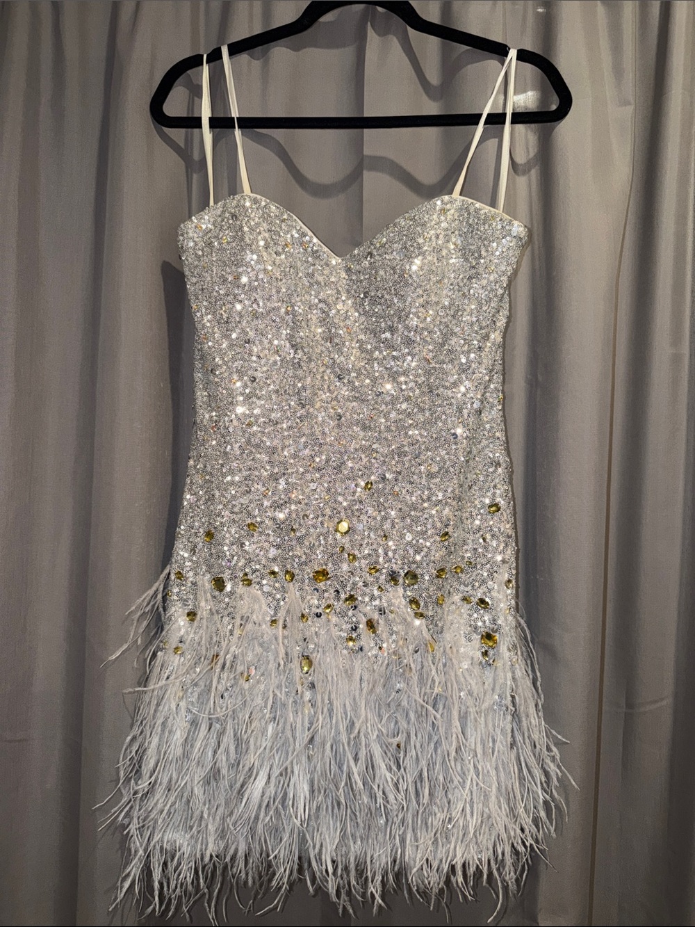 La Femme Silver Sequin Feather Mini Dress - Elegant Party Dress